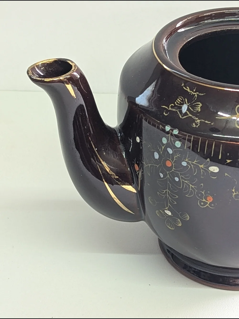 Vintage Hand Painted Brown Ceramic Teapot Floral Gold Cottagecore Tea Pot